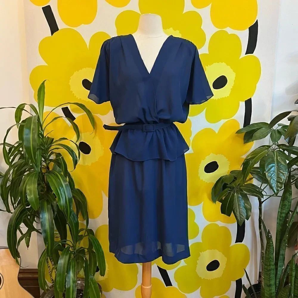 Vintage 1980s Navy Chiffon Split Sleeve Peplum Belted Dress